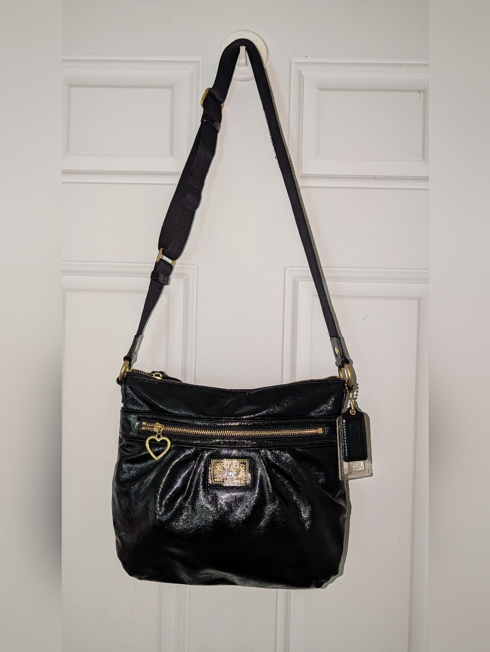 COACH POPPY M1280-F22147 LIQUID GLASS LEATHER CROSSBODY BAG BLACK GUC